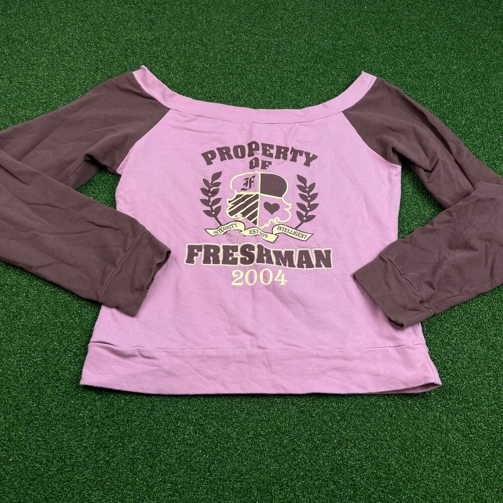 Y2K Niki Biki Pink Brown Raglan Off The Shoulder Freshman Shirt